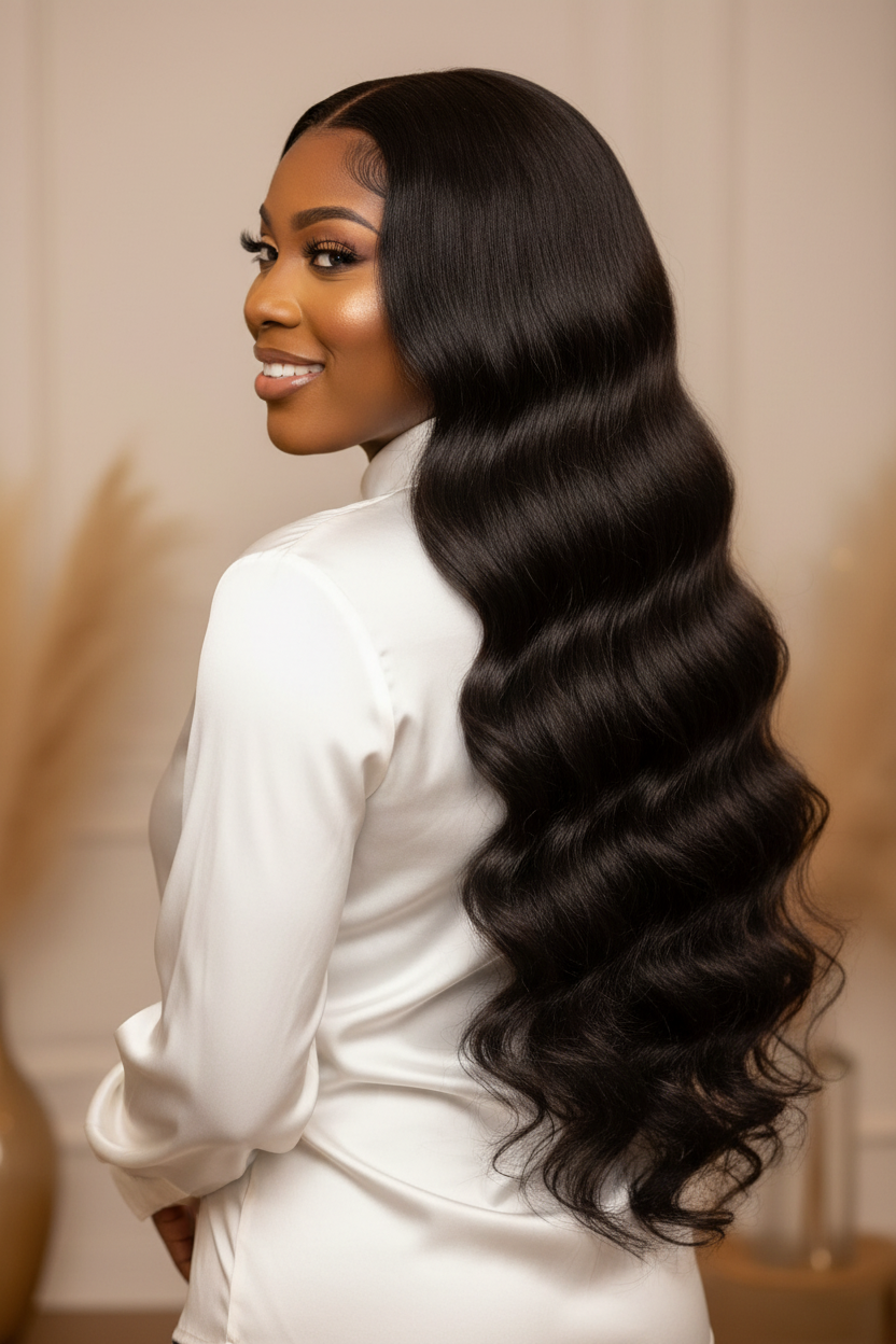 Beautiful Woman Wearing Body Wave Extensions - Back View to Lower Back