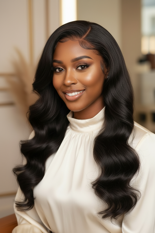 Beautiful Woman Wearing Body Wave Wig - More Curly