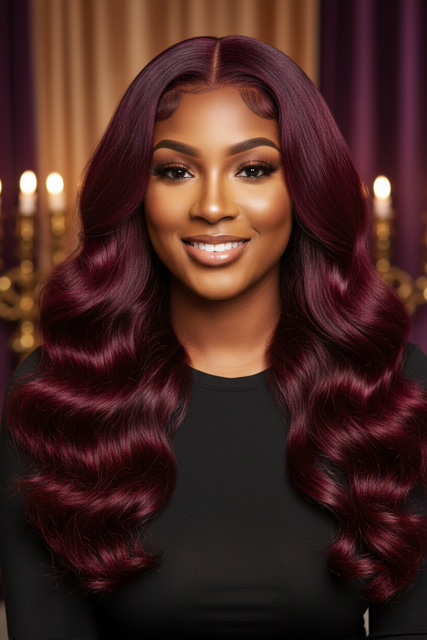 Beautiful Woman Wearing Burgundy Body Wave Extensions