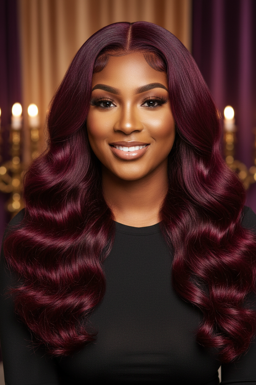 Beautiful Woman Wearing Burgundy Body Wave Extensions