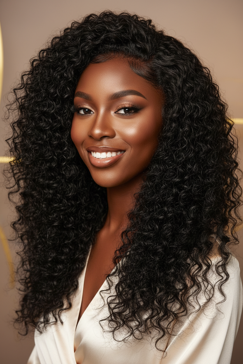 Beautiful Woman Wearing Burmese Deep Wave Extensions