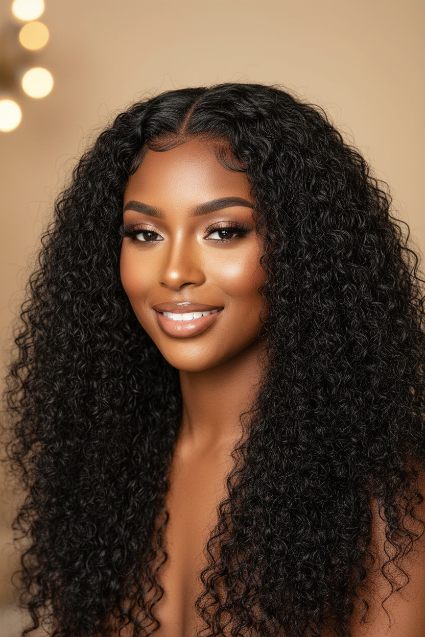 Beautiful Woman Wearing Deep Wave Wig