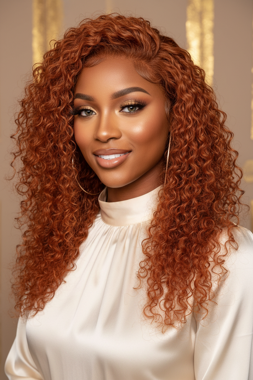 Beautiful Woman Wearing Ginger Deep Wave Wig - Shoulder Blade Length