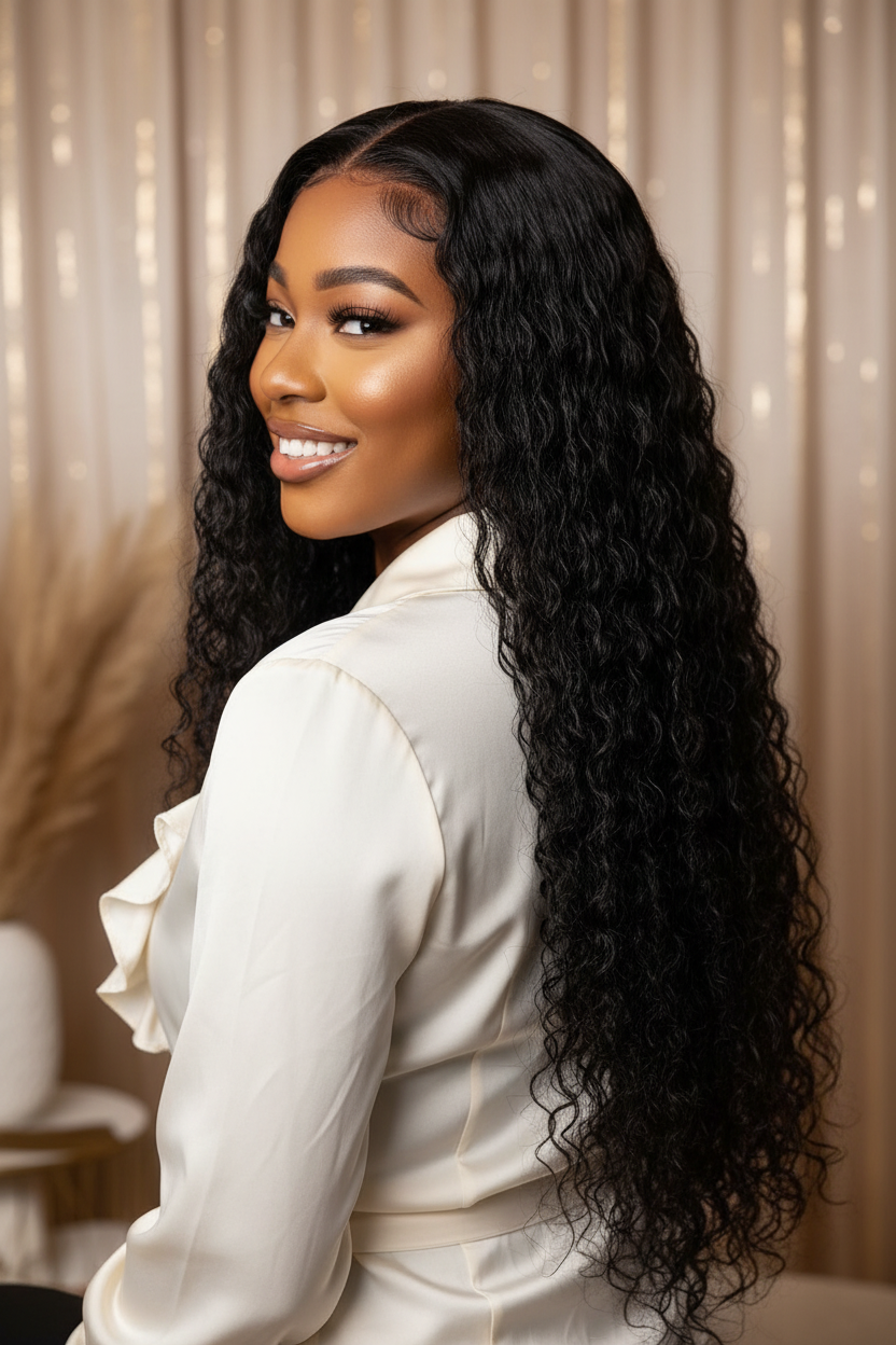 Beautiful Woman Wearing Glueless Wig - Back View