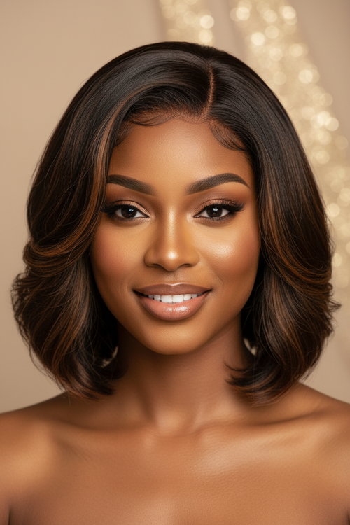 Beautiful Woman Wearing Highlight Bob Wig