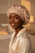 Beautiful Woman Wearing Satin Sleep Bonnet