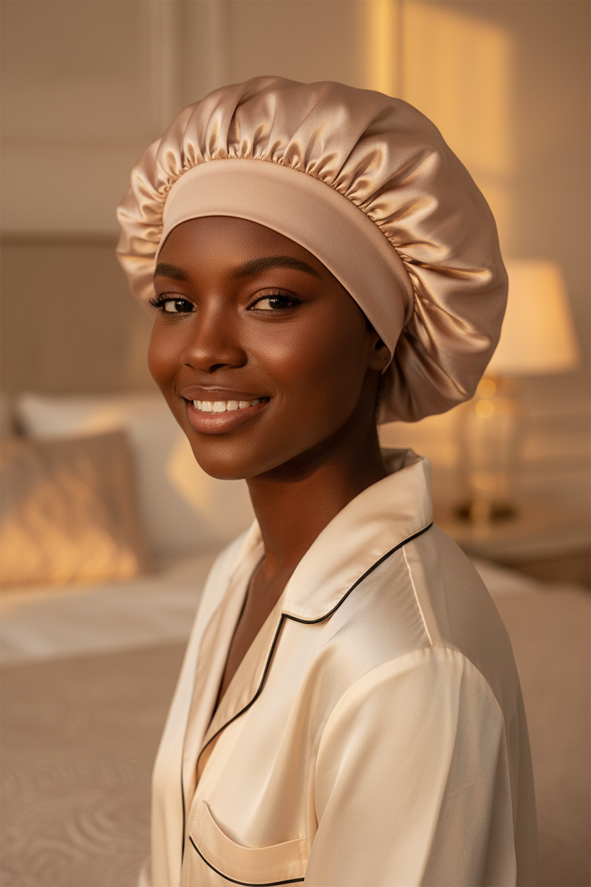 Beautiful Woman Wearing Satin Sleep Bonnet