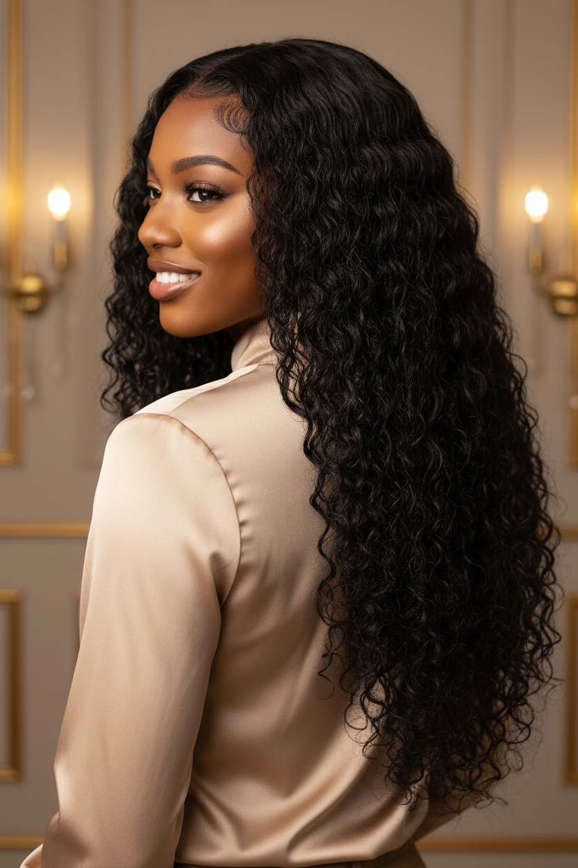 Beautiful Woman Wearing Water Wave Extensions - Back View