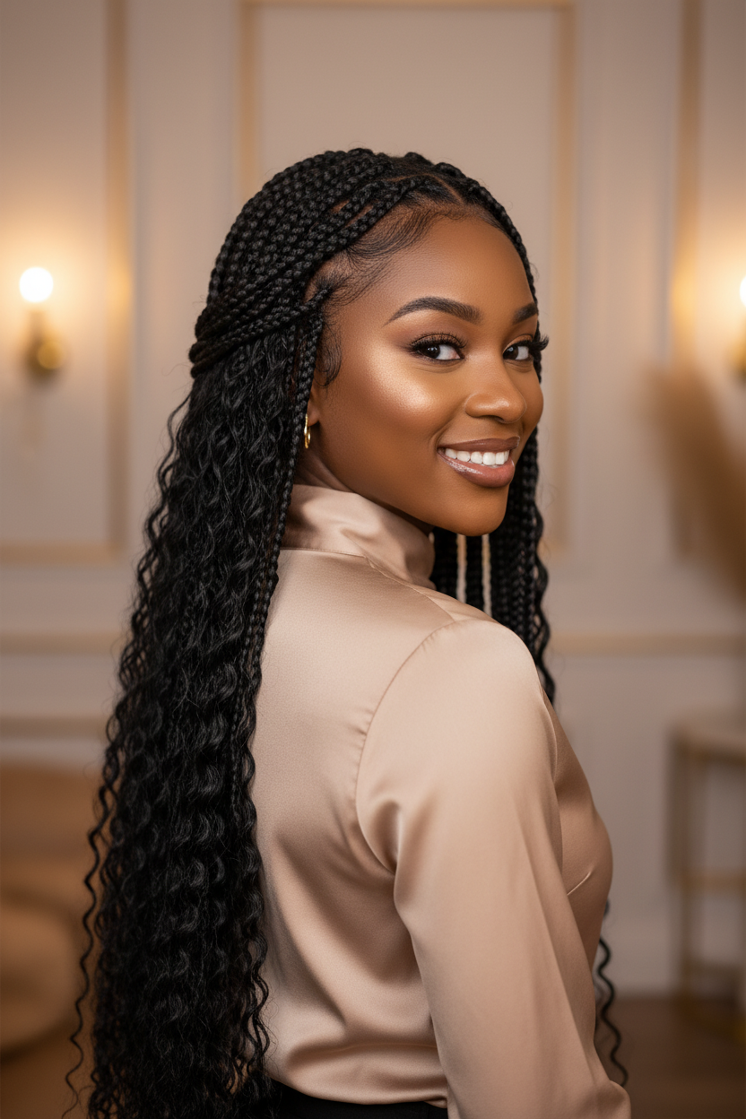 Beautiful Woman with Boho Braids Using Deep Wave Bulk Hair - Back View