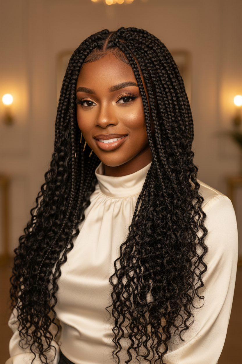 Beautiful Woman with Boho Braids Using Deep Wave Bulk Hair - Front View