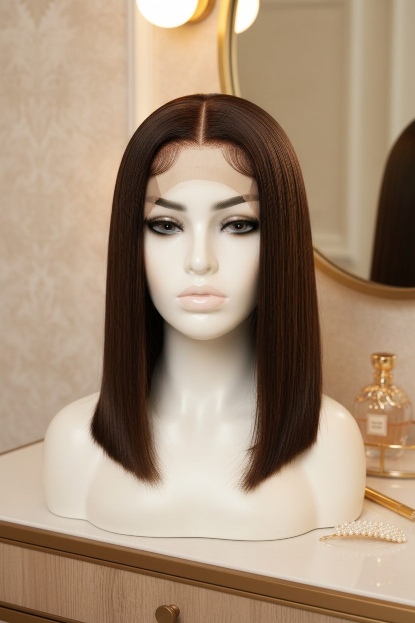 Chocolate Brown Bob Wig on Mannequin Head
