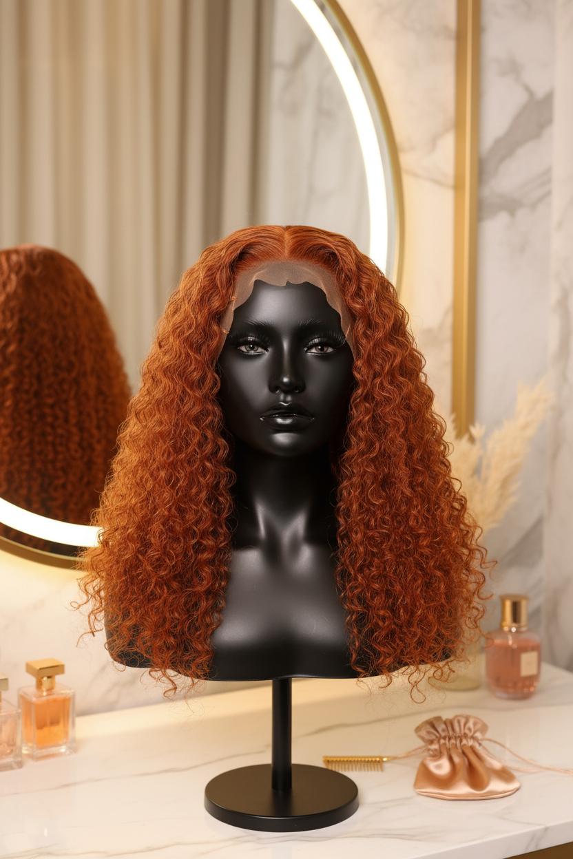 Ginger Deep Wave Wig on Mannequin Head - Shoulder Blade Length