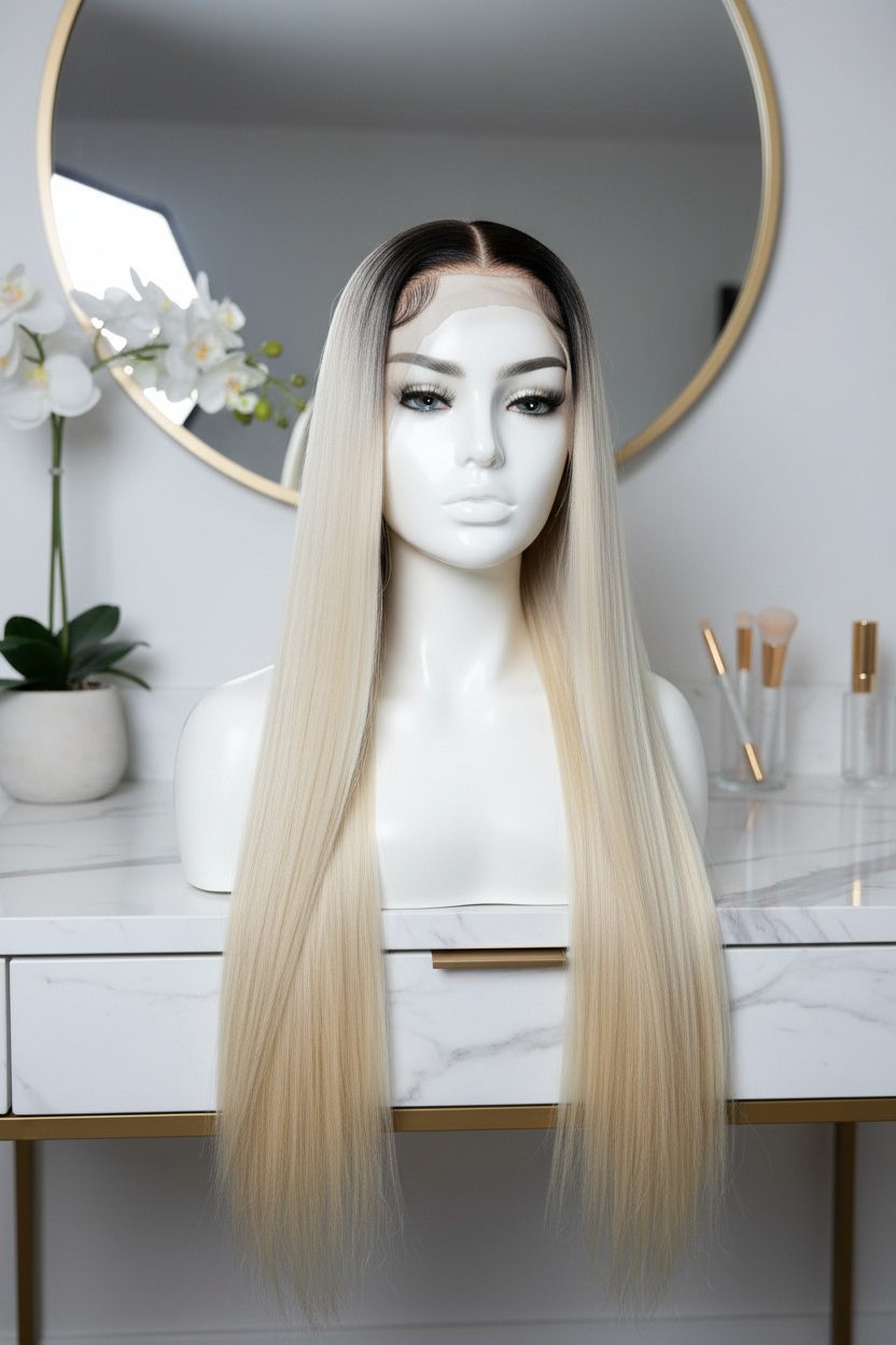 Platinum Ombre Lace Front Wig on Mannequin Head